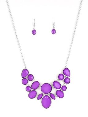 N-80 Purple Statement Bib Necklace and Earrings Set - Ladies Fashion Jewelry